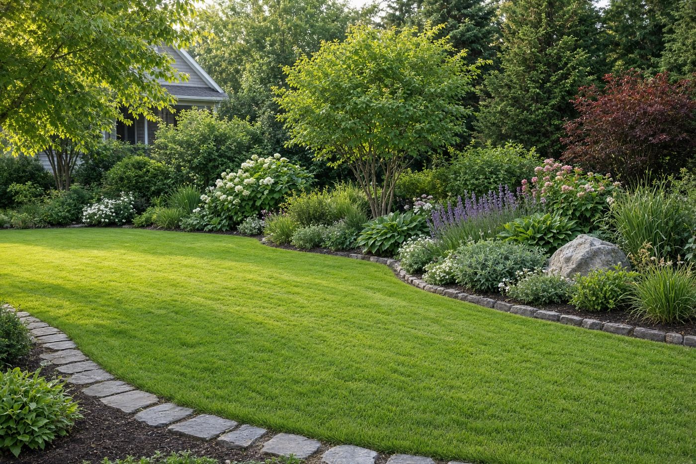 A maintained garden and lawn in morning light