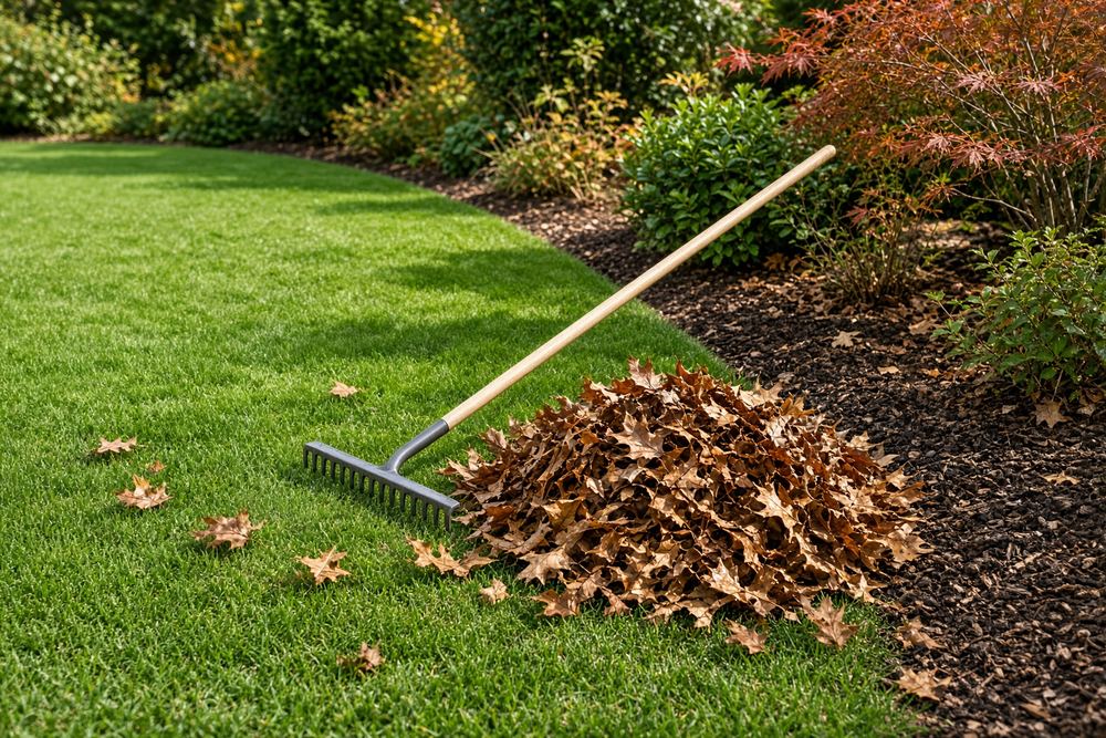 A rake and a tidy pile of leaves beside a lawn