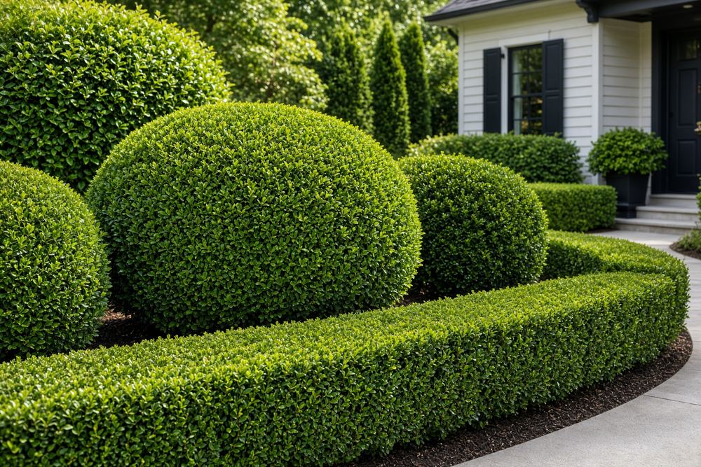 Neatly trimmed hedges in a front yard