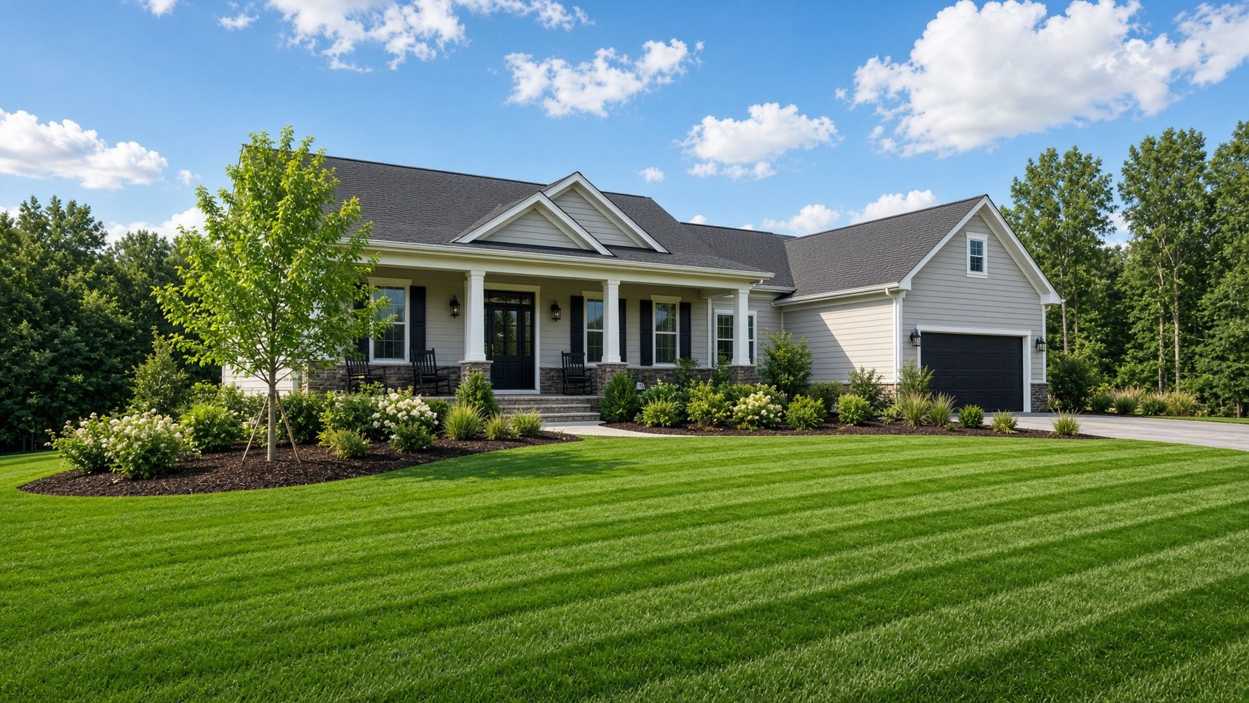 A professionally landscaped home with a striped green lawn and trimmed shrubs