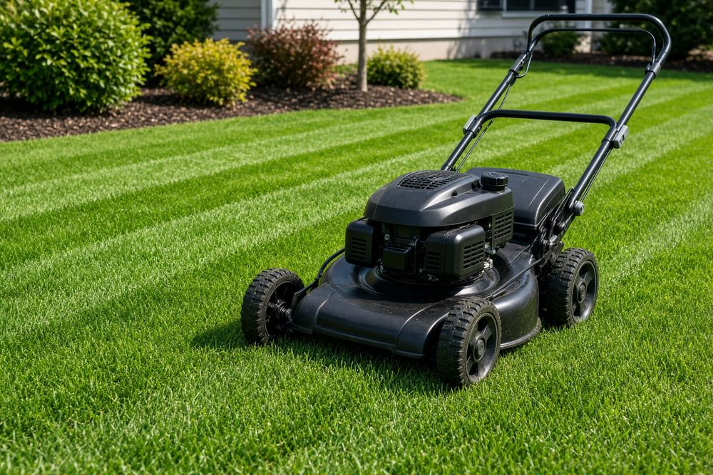 A mower cutting a striped green lawn