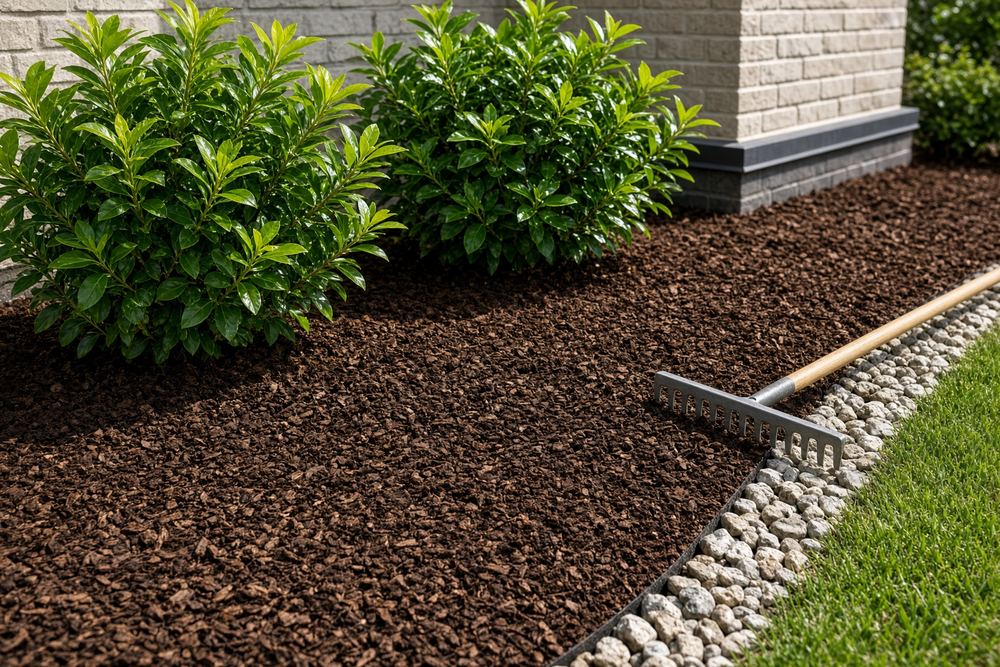 Fresh mulch spread around foundation shrubs